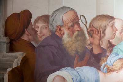 Přihlížející, freska od Antonia Buscy (1625-1684), 20. kaple, svatý František svatořečen papežem Řehořem IX., Posvátná hora Orta (Seznam světového dědictví UNESCO, 2003), Orta San Giulio, Piemont, Itálie od Antonio Busca