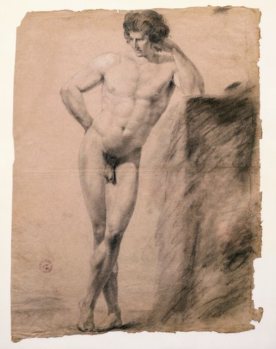 Studie mužského aktu opírajícího se o sokl od Antonia Canova (1757-1822), kresba od Antonio Canova