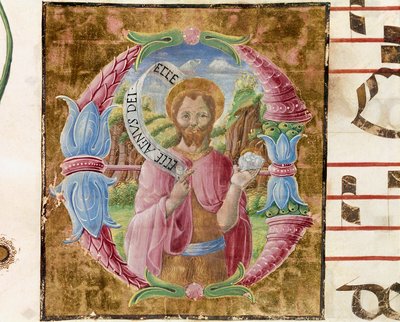 Svatý Jan Křtitel Lettrine osvětlená Antoniem Cicognarim. Detail antifonáře. 1483. Cremone, chorál 4, kapitula katedrály od Antonio Cicognara