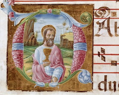 Svatý Jan Evangelista Lettrine osvětlený Antoniem Cicognarim. Detail antifonáře. 1483. Cremone, chorál 4, capitolo del duomo od Antonio Cicognara