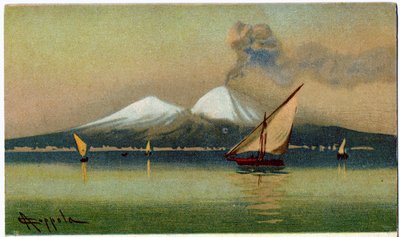 Zeměpis. Sopka Vesuv a Neapolský záliv. Ilustrace A. Coppola, Itálie, kolem roku 1920 (pohlednice) od Antonio Coppola