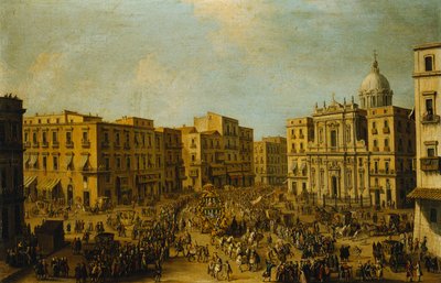Largo San Ferdinando, Neapol, v době karnevalu s královským kočárem blížícím se k Palazzo Reale, od Antonio Joli