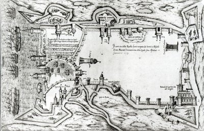 Mapa znázorňující La Rochelle obsazenou hugenoty od Antonio Lafreri