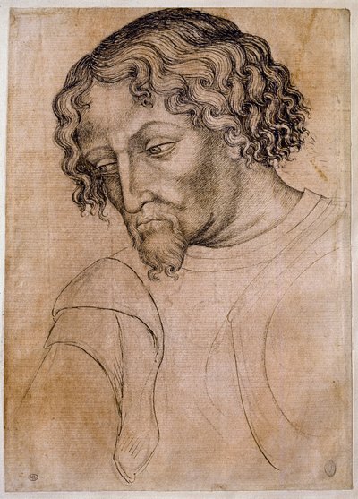 Busta vousatého muže, tři čtvrtiny hlavy nakloněná doleva. Kresba dílny Antonio di Puccio Pisano dit Pisanello (1395-1455). Peří (kresba), krev. Rozměr: 28 x 20 cm. Louvre, kreslířská firma od Antonio Pisanello