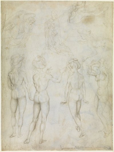 Čtyři studie ženského aktu, Zvěstování a dvě studie plavající ženy, kolem roku 1425 (hrot, pero a tužka hnědou barvou na pergamenu) od Antonio Pisanello