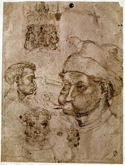 Čtyři mužské hlavy, z nichž dvě mají tři tváře. Oltářní obraz. Kůň. Kresby z dílny Antonia di Puccio Pisano dit Pisanello (1395-1455). Hnědý inkoust, pero (kresba), krev. Rozměr: 27,1 x 20,5 cm. Louvre, Kabinet medailí. od Antonio Pisanello