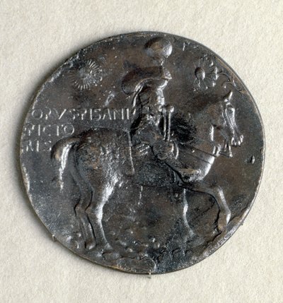 Medaile Ludovica III. Gonzagy (1414-1478), markýze z Mantovy. Přední strana: ozbrojený markýz na koni, bronz, černá patina od Antonio Pisanello