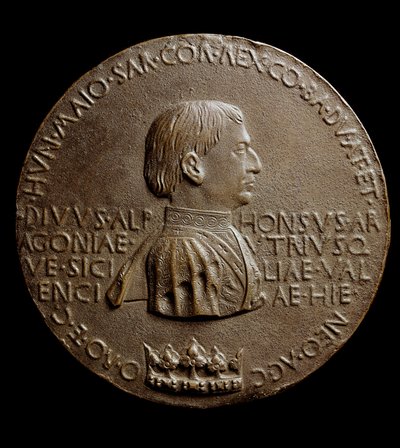 Medaile Alfonse V. Aragonského (Alfonso Magnanimus nebo Veliký). V italštině Alfonso Veliký nebo Alfonso V. Aragonský od Antonio Pisanello