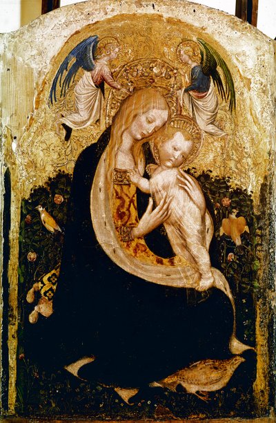 Madonna má křepelka Detrempe na dřevě Pisanello (Antonio Pisano) (asi 1380-1455). cca 1420 Rozměr.50x33 cm Verone, Castevecchio Museum - Madona s křepelkou, od Antonia Pisana a.k.a Pisanello (1380-c.1455)., Tempera na dřevě, 50x33 cm od Antonio Pisanello