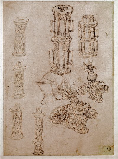 Tři helmy zakončené cestičkami a dva kusy děl byly zničeny. Kresba Antonio di Puccio Pisano dit Pisanello (1395-1455) Hnědá tuš, černý kámen, peříčko. Rozměr: 28,7 x 20,6 cm. Louvre, kreslířská firma od Antonio Pisanello