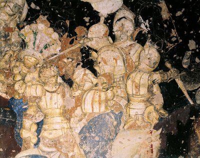 Turnaj-bitva u Louvezerp, Antonio Pisano známý jako Pisanello (před rokem 1395-cca 1455), freska. Detail. Palazzo Ducale, Mantova. od Antonio Pisanello