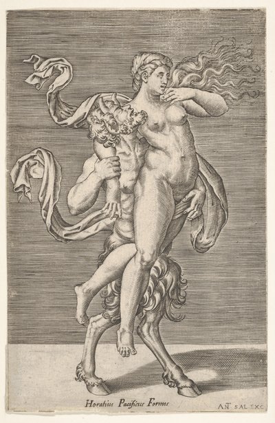 Satyr nesoucí nymfu, jejíž pravá paže je omotaná kolem krku satyra, s ..., ca. 1505-62. od Antonio Salamanca