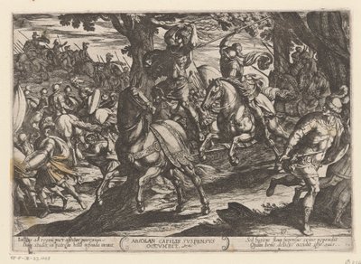 Absalom door Joab gedood Absolan padá se svěšenými vlasy (titul na předmětu) Oudtestamentische strijdscènes (název série) od Antonio Tempesta
