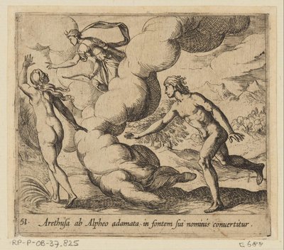 Arethusa wordt achtervolgd dveře Alpheus Arethusa, zamilovaná do Alphea, je proměněna ve zdroj svého jména (titul na předmětu) Metamorphoseon nebo transformace (název série) Metamorfosen van Ovidius (název série) od Antonio Tempesta