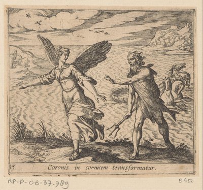 Koruna se změnila v een kraai Koruna se promění v římsu (nadpis na objektu) Metamorphoseon nebo transformace (název série) Metamorfosen van Ovidius (název série) od Antonio Tempesta