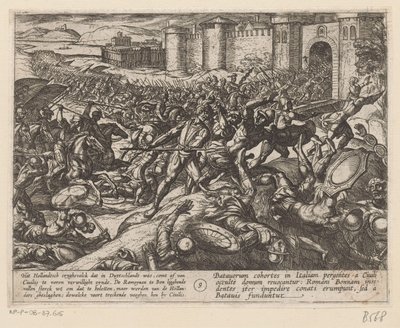 Římané jsou poraženi holandskými jednotkami u Bonnu Batavské války proti Římanům (název série) Batavorum cum Romanis Bellum (název série) od Antonio Tempesta