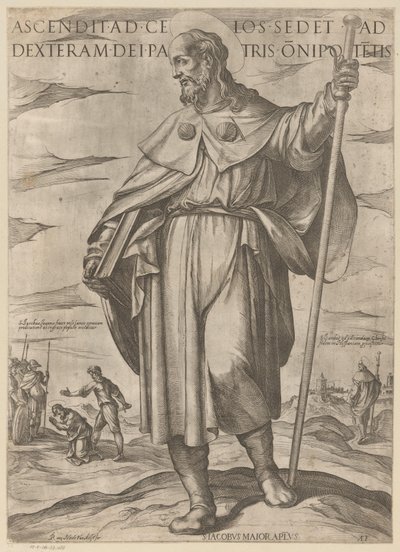 Heilige Jakobus de Meerdere Ten, kdo vystoupil do nebe, sedí po pravici Boha Otce všemohoucího (titul na předmětu) Kristus, Marie en de apoštol (název série) od Antonio Tempesta