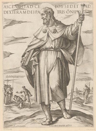 Heilige Jakobus de Meerdere Ten, kdo vystoupil do nebe, sedí po pravici Boha Otce všemohoucího (titul na předmětu) Kristus, Marie en de apoštol (název série) od Antonio Tempesta