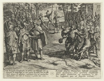 Staří batávští muži kupují své služby Římanům, 69-70 The Batavian Revolt (název série) Batavorum cum Romanis Bellum, kukuřice. Tacito / The Batavian Oft Oude Hollandtsche Krijghe teghen de Romeynen (název série na objektu) od Antonio Tempesta