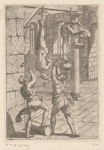 Mučení kladivy při věšení Mučení křesťanských mučedníků (název série) Varia tormentorum et supplicioru rawlium (...) (název série) od Antonio Tempesta