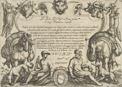 Frontispis s lovci, psy a koňmi, z „Loveckých scén VI“, 1609. od Antonio Tempesta