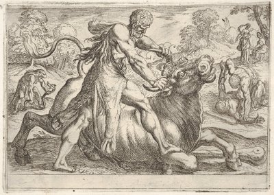 Hercules a Achelous: uprostřed Herkules uchopí rohy býka a stiskne jeho ri..., 1608. od Antonio Tempesta