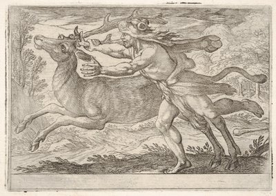 Herkules a zadní část hory Cerynea: Herkules kráčí podél zadní části a uchopí..., 1608. od Antonio Tempesta