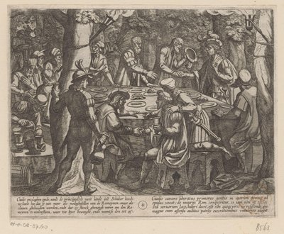 Julius Civilis říká holandským starším lidem, že s nimi Římané zacházejí jako s otroky Batavské války proti Římanům (název série) Batavorum cum Romanis Bellum (název série) od Antonio Tempesta