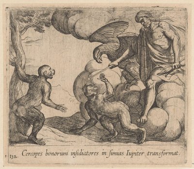 Jupiter promění Cerkopa v opici Jupiter proměňuje obléhatele dobra v opice (název na předmětu) Metamorphoseon nebo transformace (název série) Metamorfosen van Ovidius (název série) od Antonio Tempesta