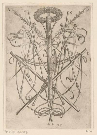 Ornament s mučícími nástroji Mučení křesťanských mučedníků (název série) Varia tormentorum et supplicioru rawlium (...) (název série) od Antonio Tempesta