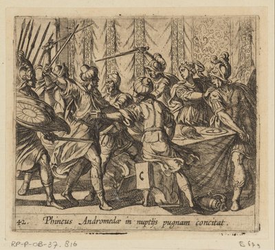 Phineus verstoort de svatba Persea v Andromedě Phineus vyprovokuje Andromedu k boji na její svatbě (titul na předmětu) Metamorphoseon nebo transformace (název série) Metamorfosen van Ovidius (název série) od Antonio Tempesta