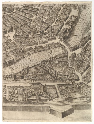 Plán města Říma. Část 10 s Tiberou a vilou Farnesina, 1645. od Antonio Tempesta