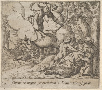 Talíř 105: Diana míří lukem směrem k Chione, kterou doprovázejí dvě děti, v anot..., 1606. od Antonio Tempesta