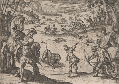 Deska 11: Alexandrův lov na lva, z Činy Alexandra Velikého, 1608., od Antonio Tempesta