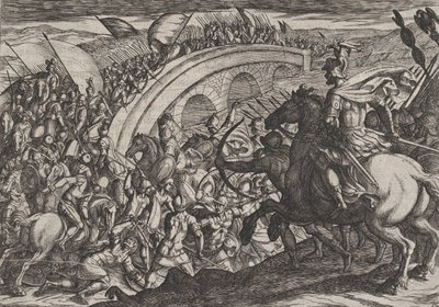 Deska 11: Vojska Civilis překračující řeku Maas, z Války Římanů proti ..., 1611. od Antonio Tempesta