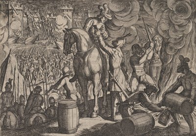 Deska 13: Útok na římskou pevnost v noci, z Války Římanů proti Ba..., 1611. od Antonio Tempesta