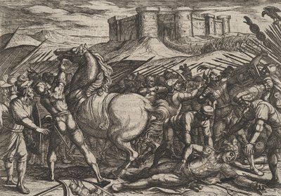 Deska 17: Římané svedeni Civilisovým koněm, aby uvěřili, že je mrtvý nebo zraněný, od..., 1611. od Antonio Tempesta