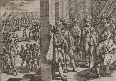 Talíř 18: Tajné setkání Civilis s dalšími vůdci z Trevíru, z Války Romů..., 1611. od Antonio Tempesta