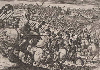Talíř 25: Římský velitel Cerialis útočí u Trevíru, z Války Římanů Agai..., 1611. od Antonio Tempesta
