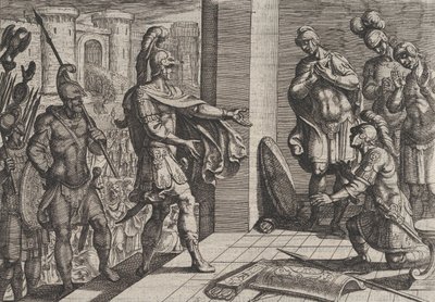 Deska 26: Cerialis omilostňuje a osvobozuje římské vojáky, kteří pomáhali Civilis, z The Wa..., 1611. od Antonio Tempesta