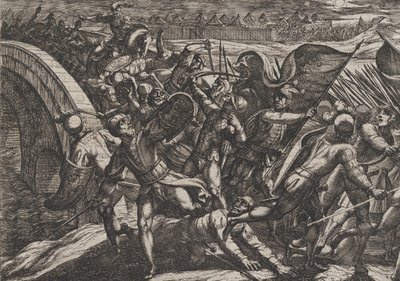 Talíř 27: Holanďané během překvapivého útoku na římský tábor na Mosele, z Wa..., 1611. od Antonio Tempesta