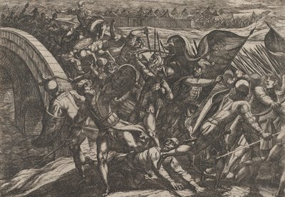 Talíř 27: Holanďané během překvapivého útoku na římský tábor na Mosele, z Wa..., 1611. od Antonio Tempesta