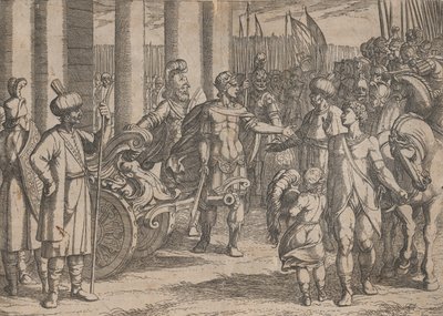 Talíř 2: Alexander Cutting the Gordian Knot, from The Deeds of Alexander the Great, 1608., od Antonio Tempesta