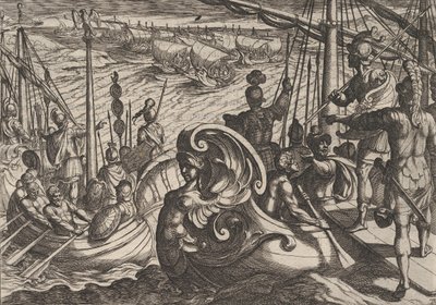 Deska 33: Holandské a římské flotily na Rýně, z Války Římanů proti B..., 1611. od Antonio Tempesta