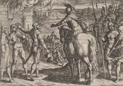 Talíř 34: Římané vypalující holandský venkov, z Války Římanů proti..., 1611. od Antonio Tempesta