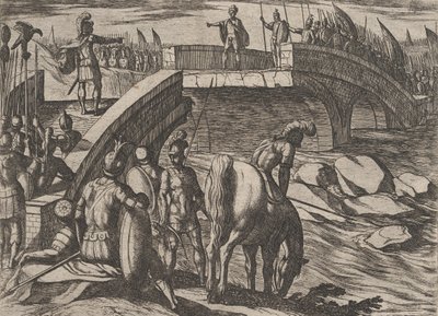 Plate 36: Civilis a Cerialis se setkávají na rozbitém mostě, aby dosáhli dohody, z The War of..., 1611. od Antonio Tempesta