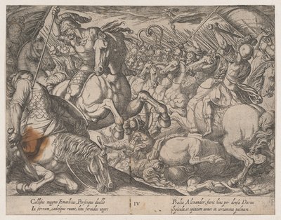 Deska 4: Alexander bojující s Peršany, z Činy Alexandra Velikého, 1608. od Antonio Tempesta