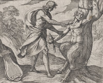 Deska 58: Apollo zabíjení Marsyas Marsyas poražen Apollónem z Ovidiových ‚Met..., 1606. od Antonio Tempesta