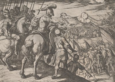 Talíř 5: Alexander řídí bitvu, z The Deeds of Alexander the Great, 1608., od Antonio Tempesta