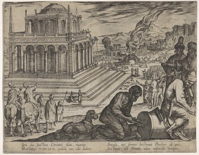 Deska 5: Hrobka Mausolus, kameníci dělají sloup vpravo, ze Sedmi divů..., 1608. od Antonio Tempesta
